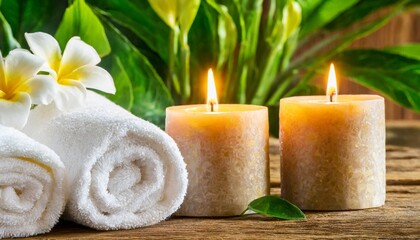 Obraz na płótnie Canvas concept of spa treatment in salon with pure organic natural oil atmosphere of relax detention aromatherapy candles towel wooden background skin care body gentle treatment
