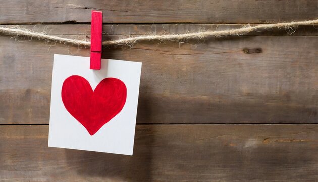 valentines day card pegged on to string against wood plank background