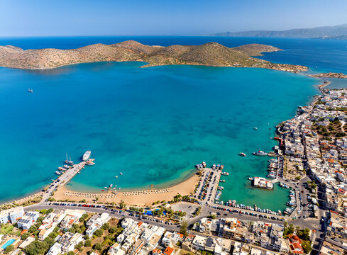 Aerial view of the popular high-end tourist town of Elounda, Crete, Greek Islands, Greece
