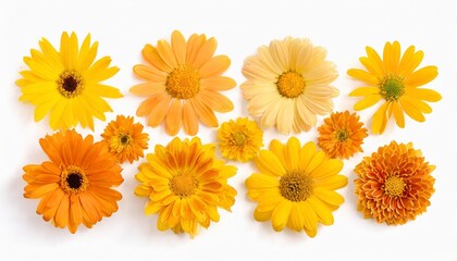 a collection of yellow and orange daisy flower heads isolated against a flat background