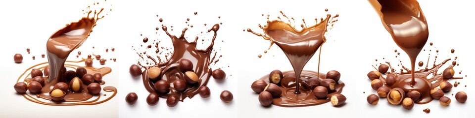 Chocolate and hazelnuts on white, dark Chocolate, liquid, coffee, brown liquid, pack, drink  