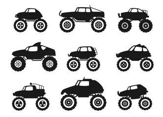 Black monster truck icons. Diesel 4x4 off road vehicle with tires, wheels and exhaust, turbo diesel truck with flat bumpers and flames. Vector isolated set © Tartila