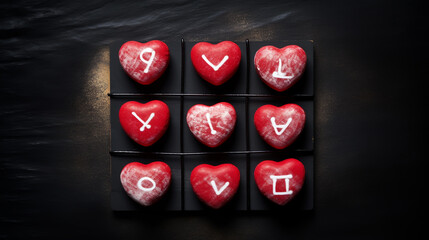 lovers day concept. tic-tac-toe game where instead of zeroes are red hearts. on a black background. vertical orientation - obrazy, fototapety, plakaty