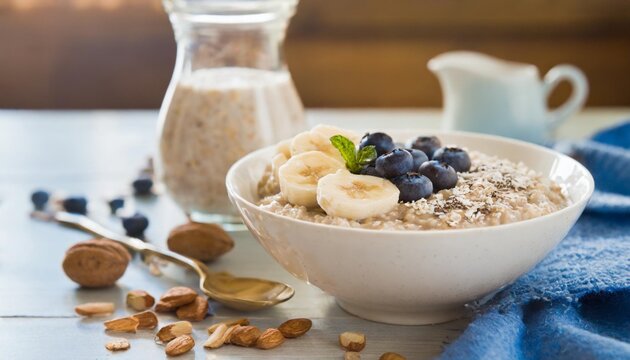 oat porridge with banana blueberry walnut chia seeds and almond milk for healthy breakfast or lunch