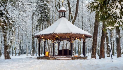 outdoor concert stage in folk style and a lantern with a snow cap among snow covered trees in a winter park