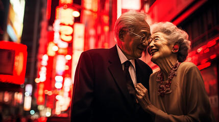 An elegant senior couple shares a close and joyous moment on a vibrant city street at night, surrounded by glowing neon signs.
