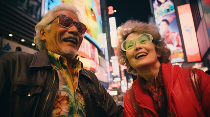 An older couple with stylish sunglasses laughing and having a great time together amidst vibrant city lights at night.
