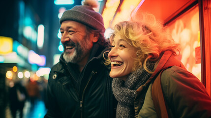 An elderly couple shares a hearty laugh, enjoying each other's company on a lively city street illuminated by neon lights.
