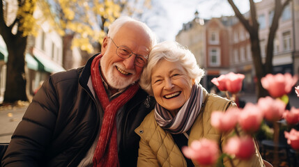 A cheerful senior couple at outdoors, sharing smiles and laughter surrounded by autumn colors.
