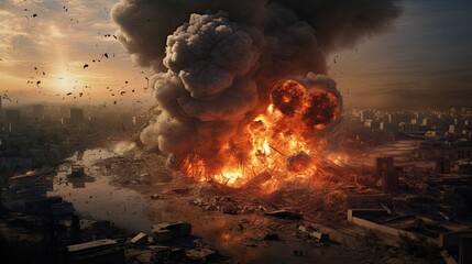 an explosion on a battleground, capturing the chaos, debris, and the profound consequences of conflict. - obrazy, fototapety, plakaty