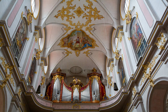 Pipe Organ, Ceiling Frescoes, Church of St. Peter, Old Town, Munich, Bavaria