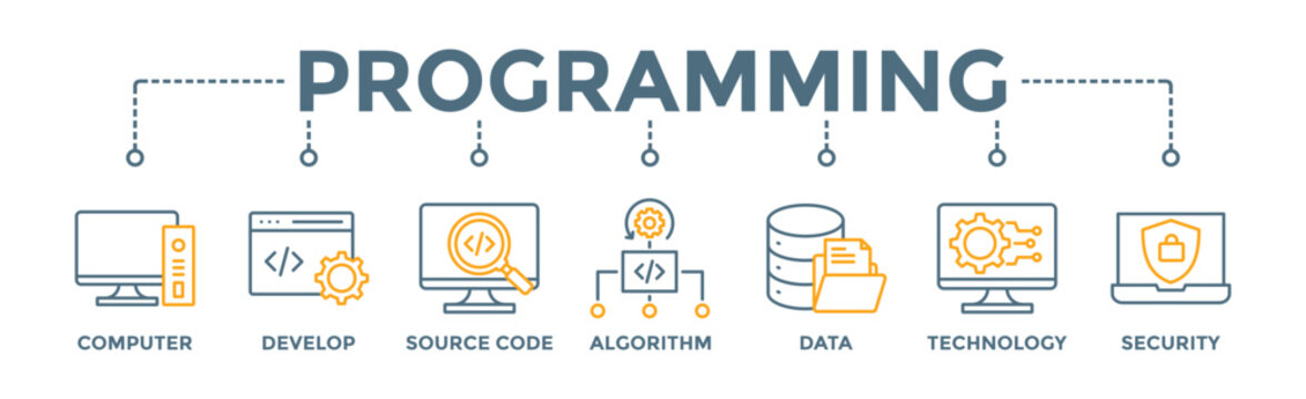 Programming banner web icon vector illustration concept with icon of computer, develop, source code, algorithm, data, technology and security