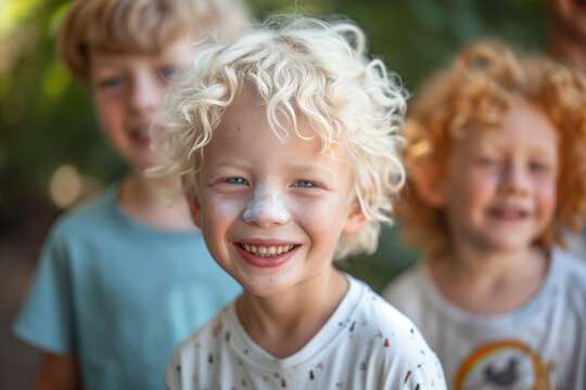 Cute albino child is smiling while standing next to his friends