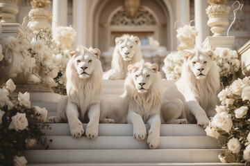 Two white albino lions lying on the palace steps 