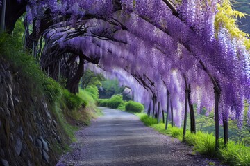 A walking path with wisteria flowers