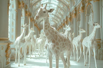 Gardinen White albino giraffes in the palace. Creative and modern art photography of Albino giraffes walking in a luxurious palace decorated with gold © ivlianna