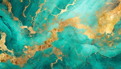fluid art paper marbling background turquoise golden stains abstract texture generative illustration - obrazy, fototapety, plakaty