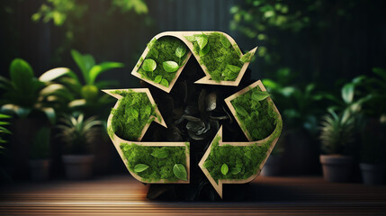 shape of a recycling sign in the middle of untouched nature. An ecological metaphor for ecological waste management and a sustainable and economical lifestyle. 3d rendering. - obrazy, fototapety, plakaty