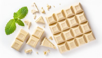 white chocolate bar with pieces isolated on white background top view flat lay - obrazy, fototapety, plakaty