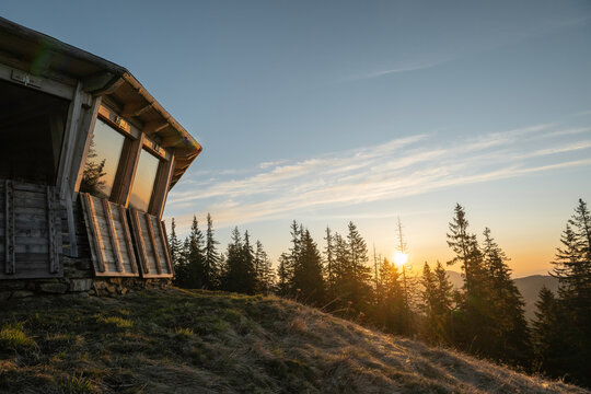 Comisu Wildlife Hide at dawn, Fagaras Mountains, Arges County, Muntenia, Romania
