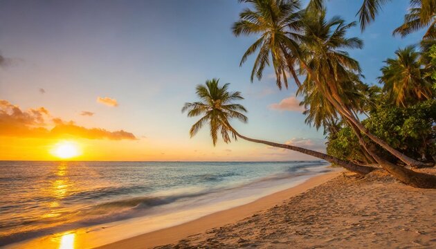 palm trees on sandy island close to ocean beautiful bright sunset on tropical paradise beach relaxing coastal landscape exotic scene closeup sea waves evening colorful sky peaceful seascape