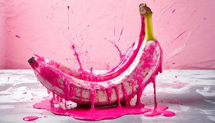 banana in pink paint on pink background