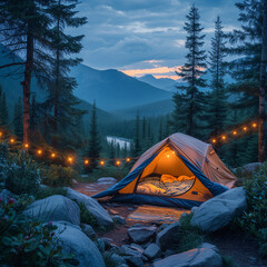 Serene camping scene with a tent with warm lights and a stunning nature view in the background