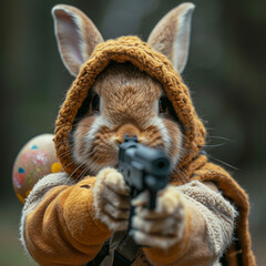 Cool bunny with sunglasses on colorful background photo of Easter bunny with gun at the ready looks into the camera