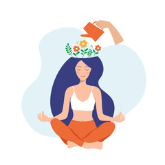 Mental health concept. The girl sits in the lotus position with flowers on her head and a watering can. Health of mind. calming meditation