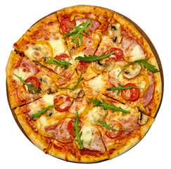 Traditional Italian pizza sliced with mozzarella cheese, mushrooms, ham, pepperoni, peppers and tomatoes on a wooden board isolated on a transparent background. Top view