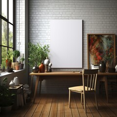 White canvas for mockup in a minimalist  interior room with a Blurred brick wall in the background