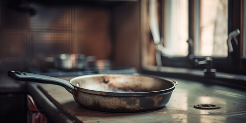 The old, rusty saucepan sat empty in the home kitchen pan. - obrazy, fototapety, plakaty