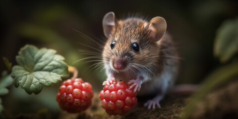 Wild Grey Mouse Eating Raspberry In The Forest