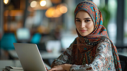Happy Business Muslim hijab woman work. Cheerful female Islam person thinks while working at a workplace office. occupation focus on Arabic worker