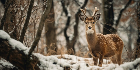 Wild Deer With Big Horns In Winter Forest