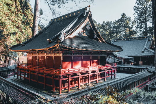 A red wooden temple in Nikko, Tochigi, Honshu, Japan