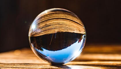 a crystal ball on a wooden table in a dark room reflecting the light around it