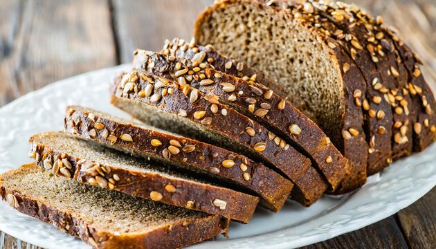 delicious and fresh sliced rye bread in pieces in a plate