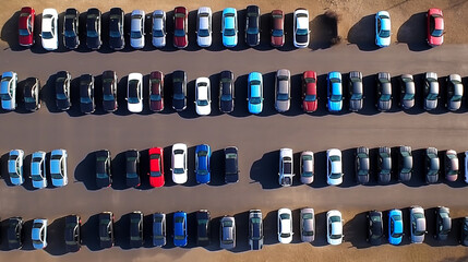 Aerial view new car lined up in the port for import and export business logistic to dealership for sale