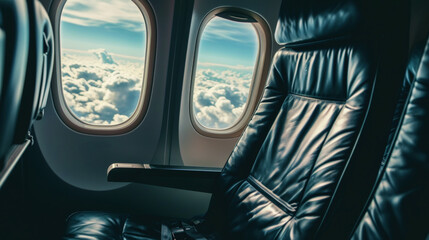 Airplane empty window seat in a business class . Sky view on white-blue clouds. Business trip concept. Generative AI