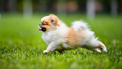 cute puppies pomeranian mixed breed pekingese dog run on the grass with happiness