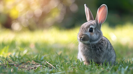 Fototapeta na wymiar Cute little bunny in grass with ears up looking away. generative ai