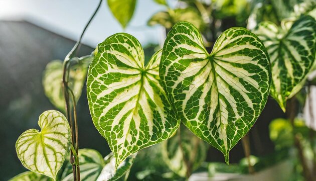 heart shaped green variegated leaves hanging vine plant bush of devil s ivy or golden pothos tropical houseplant