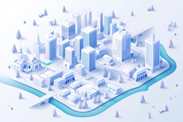 Isometric city map with business living and industrial districts urban and suburban areas paper white buildings and river. Real estate plan.  - obrazy, fototapety, plakaty