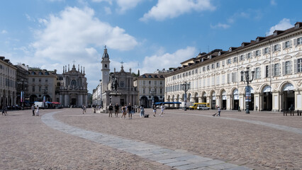 View of Piazza San Carlo, a square showcasing Baroque architecture and featuring the 1838 Equestrian monument of Emmanuel Philibert by Carlo Marochetti at its center, Turin, Piedmont