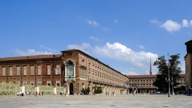 Architecture in the Piazza Castello, a prominent rectangular city square, site of several important architectural complexes, with its perimeter of elegant porticoes and facades, Turin, Piedmont