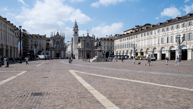 View of Piazza San Carlo, a significant city square showcasing Baroque architecture, featuring the 1838 Equestrian monument of Emmanuel Philibert by Carlo Marochetti at its center, Turin, Piedmont