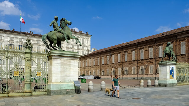 View of the entrance to the Royal Palace of Turin, a historic palace of the House of Savoy, UNESCO World Heritage Site, Turin, Piedmont