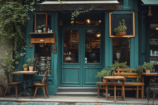 Local cafe exterior. Small business. Summer coffee shop without people. AI generated