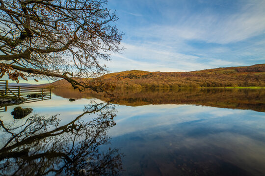 Cold, clear and calm day  with view of Coniston Water, Lake District National Park, UNESCO World Heritage Site, Cumbria, England